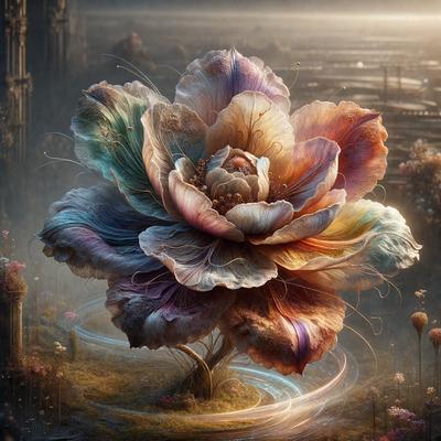 The primary subject of the image is a large, colorful flower with a tree branch. The flower is situated in a field, and the setting appears to be a fantasy world with a castle in the background. The visual style of the image is a combination of digital art and illustration, creating a vibrant and whimsical atmosphere. The dominant colors in the image are pink, purple, and white, which contribute to the overall mood of the scene.